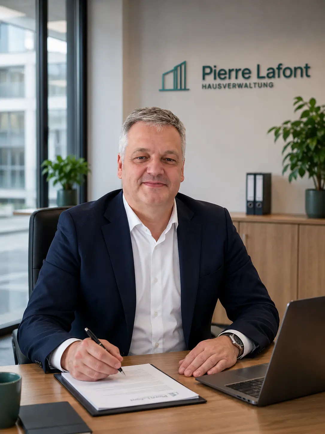 Pierre Lafont beantwortet Fragen am Schreibtisch