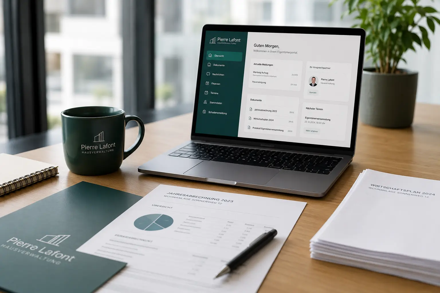 Digitales Eigentümerportal und Jahresabrechnung der Pierre Lafont Hausverwaltung auf dem Schreibtisch
